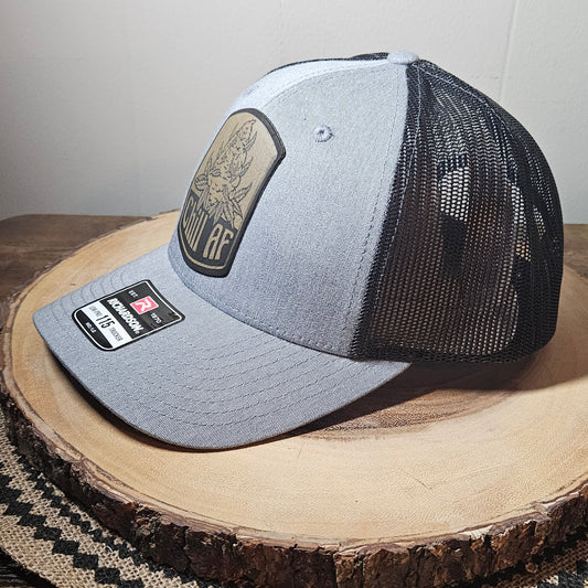"Chill AF" trucker cap (heather gray front/dark charcoal mesh)