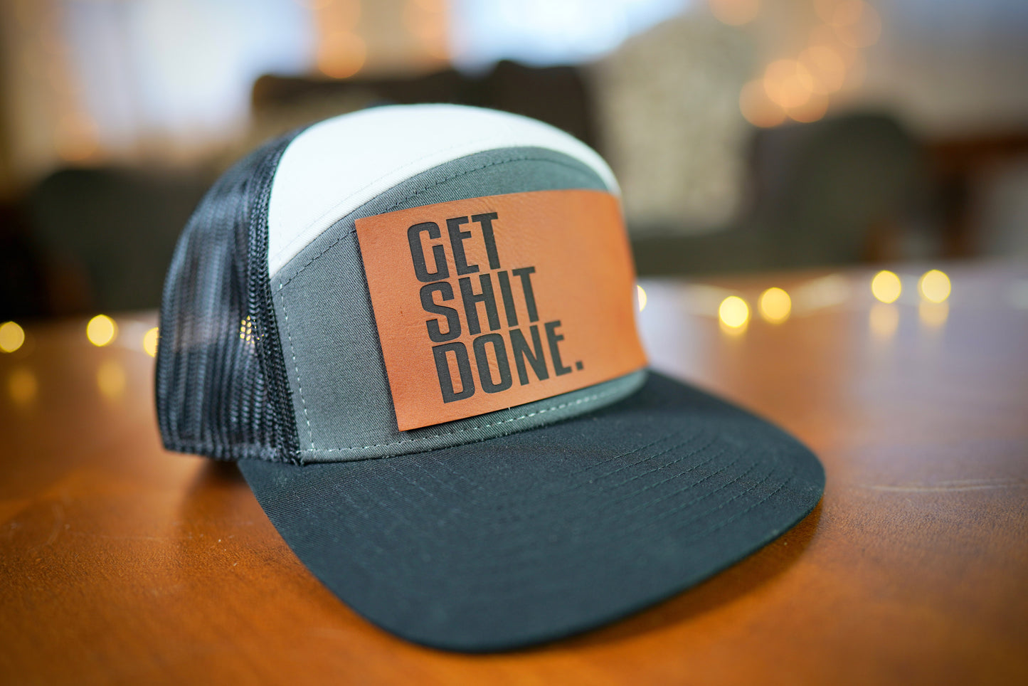 "GET SHIT DONE" 7 Panel Trucker Hat (Charcoal/ White/ Black)