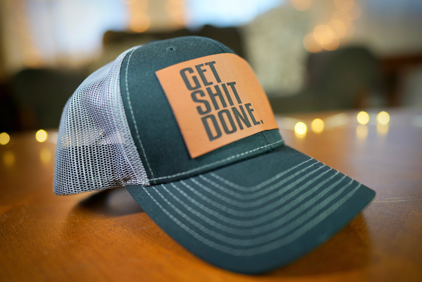 "GET SHIT DONE" Design Trucker Hat (Charcoal Mesh/ Black Fabric)
