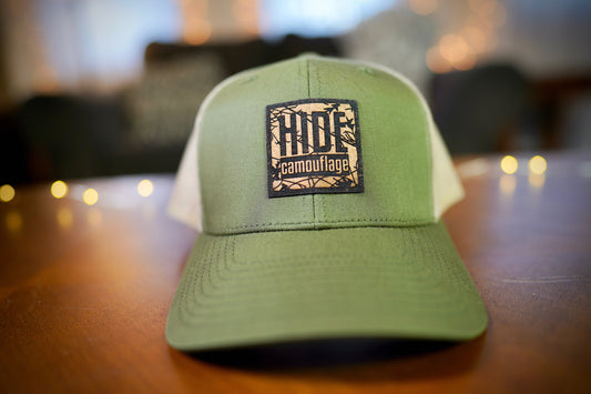 "Hide Camo Logo" Design Trucker Hat (Khaki Mesh/ Moss Green Fabric)