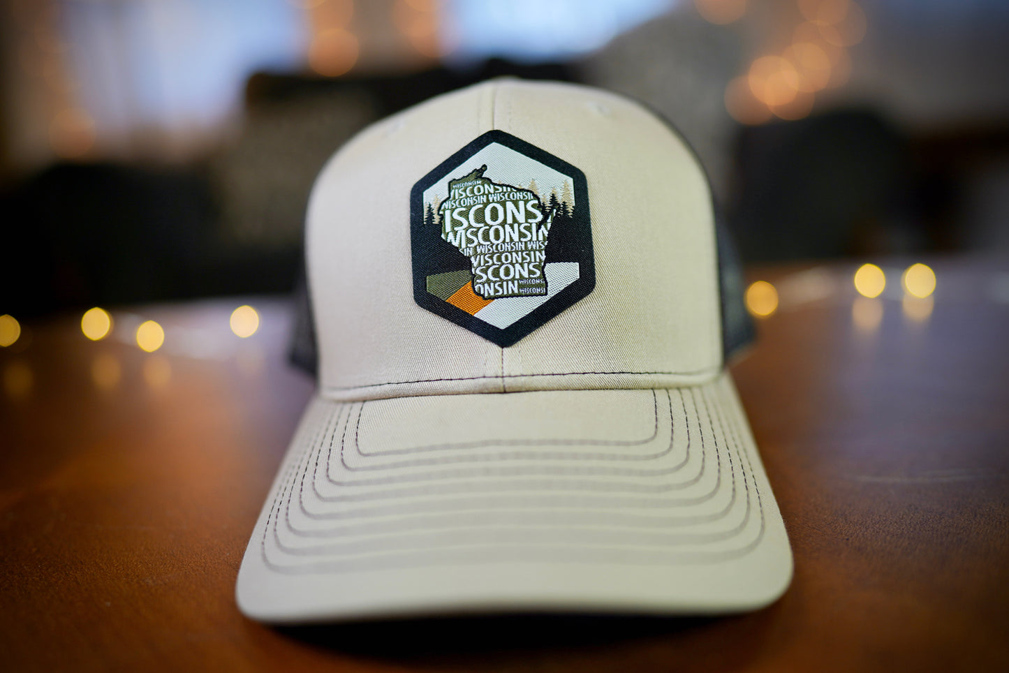 "Vintage Wisconsin" Design Trucker Hat (Coffee Mesh/ Khaki Fabric)