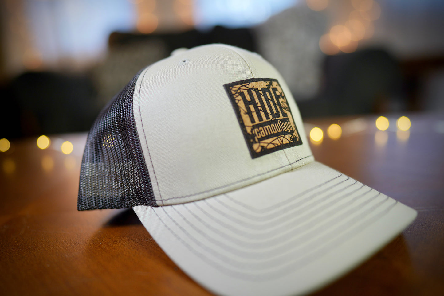 "Hide Camo Logo" Design Trucker Hat (Coffee Mesh/ Khaki Fabric)