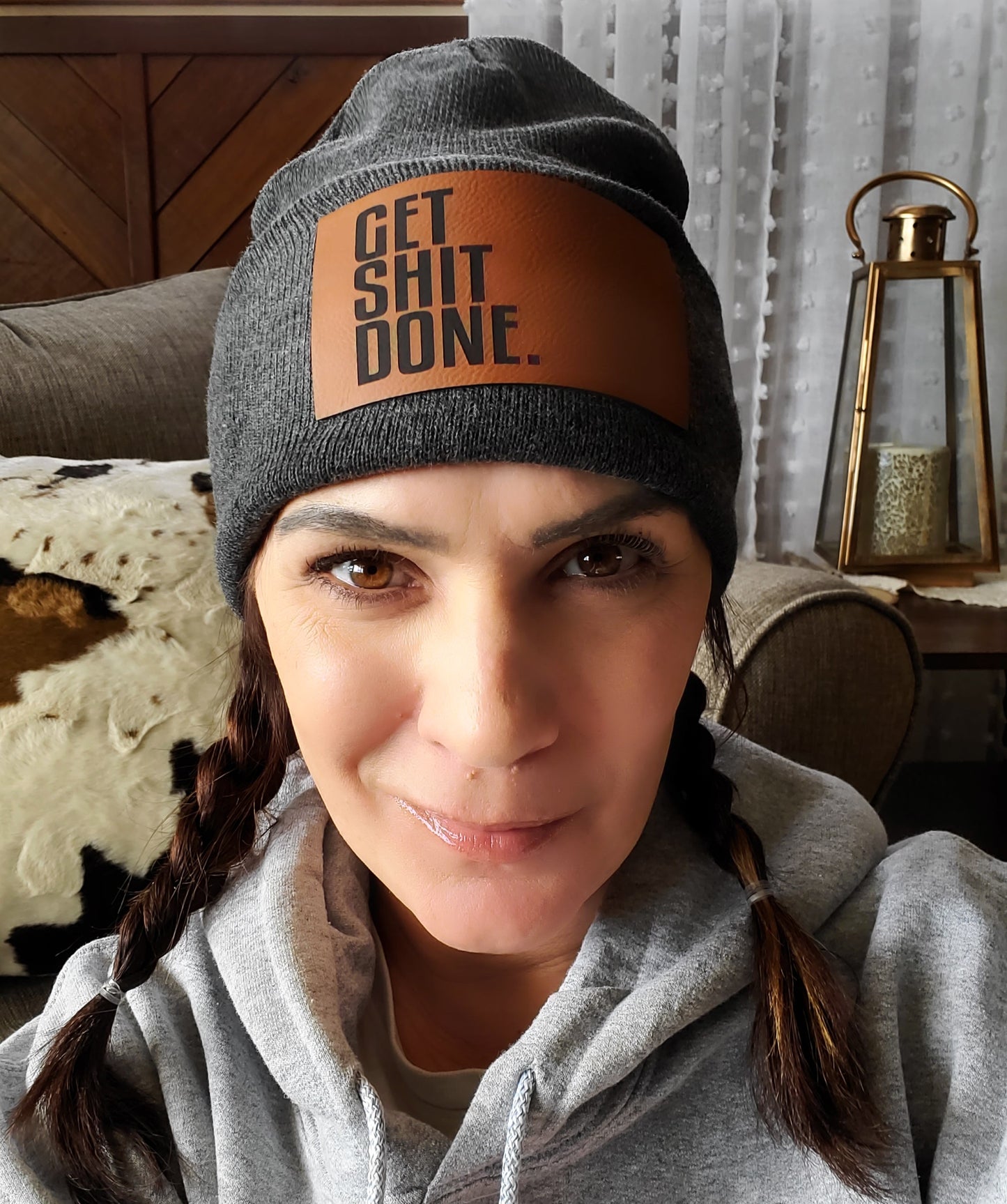 Get Shit Done Beanie - Charcoal Gray with Leather Patch -OSFM