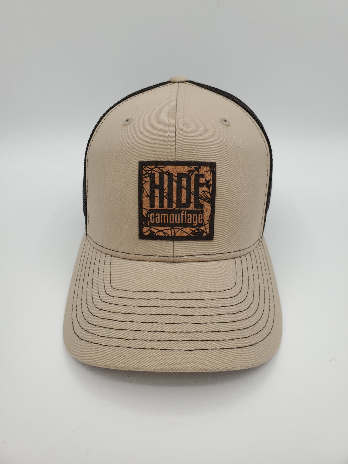 "Hide Camo Logo" Design Trucker Hat (Coffee Mesh/ Khaki Fabric)