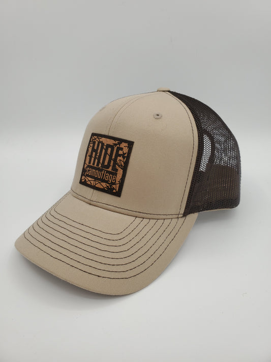 "Hide Camo Logo" Design Trucker Hat (Coffee Mesh/ Khaki Fabric)