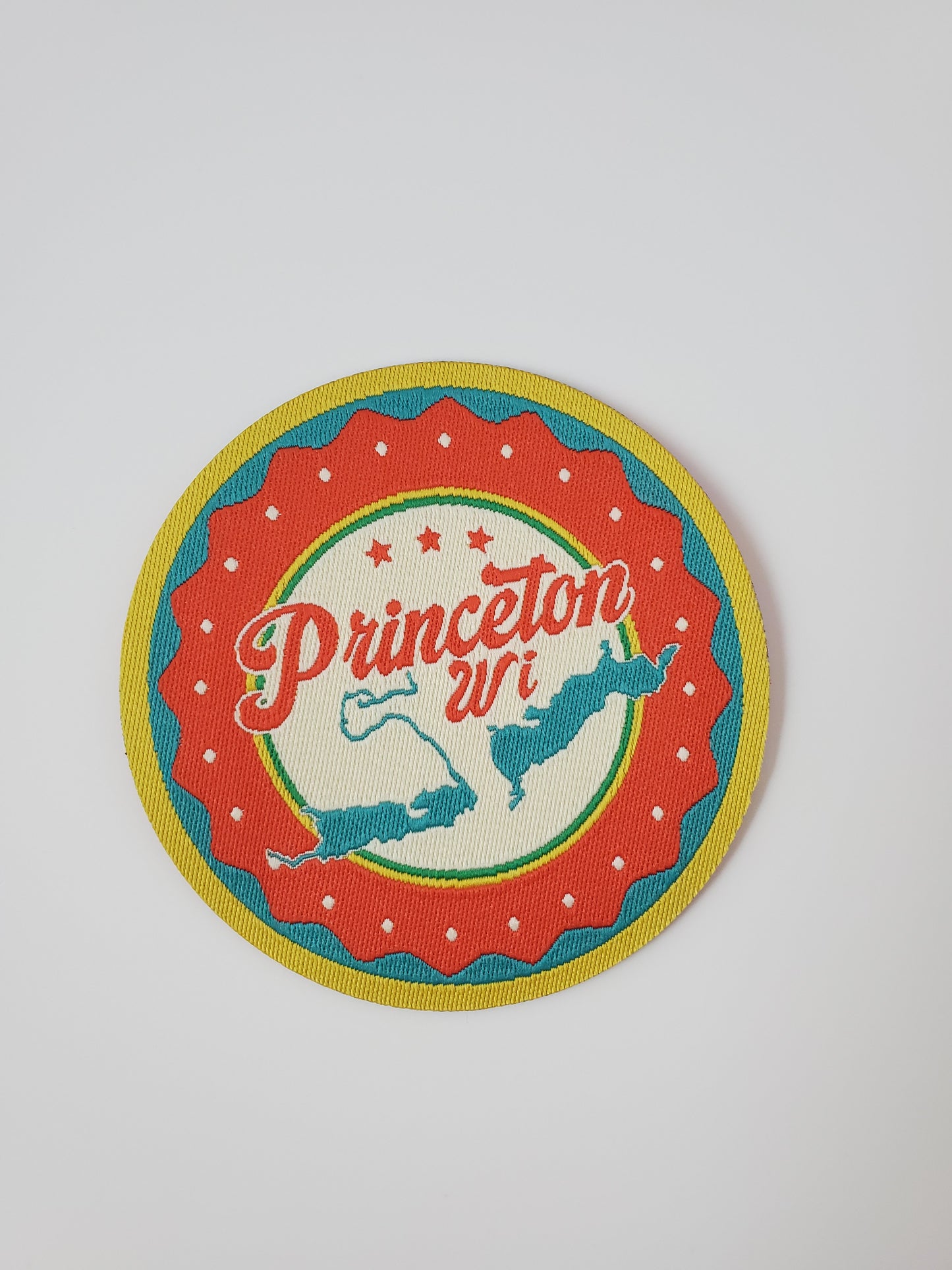 "Princeton, WI" Lake Design Trucker Hat (White Mesh/ Khaki Fabric)