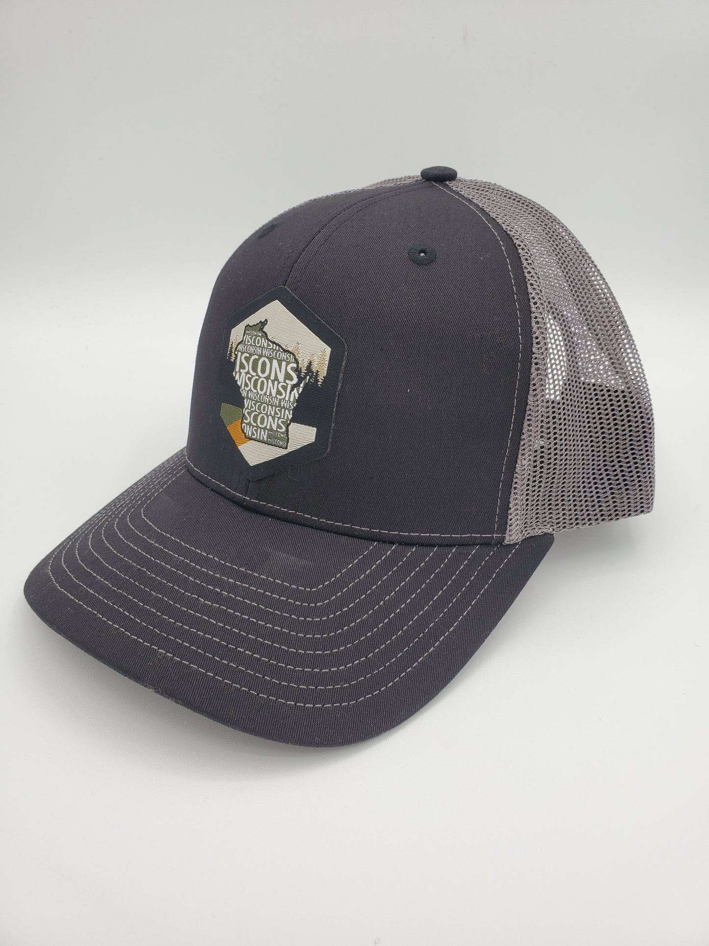 "Vintage Wisconsin" Design Trucker Hat (Charcoal Mesh/ Black Fabric)