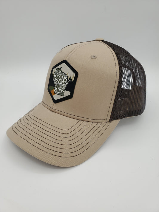 "Vintage Wisconsin" Design Trucker Hat (Coffee Mesh/ Khaki Fabric)