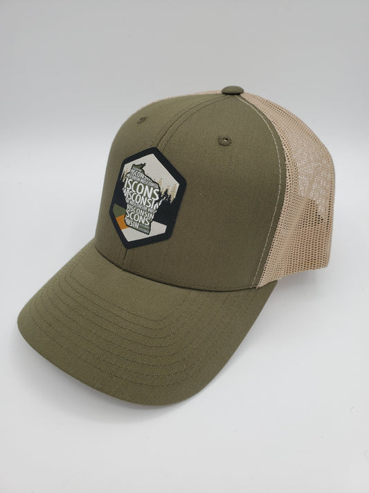 "Vintage Wisconsin" Design Trucker Hat (Khaki Mesh/ Moss Green Fabric)