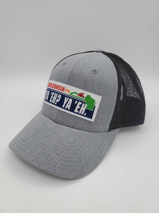 "Ya 'Eh? Ya 'Eh." Wisconsin Plate Design Trucker Hat (Black Mesh/ Heather Grey Fabric)
