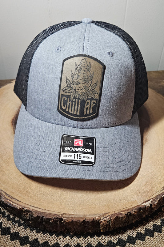 "Chill AF" trucker cap (heather gray front/dark charcoal mesh)