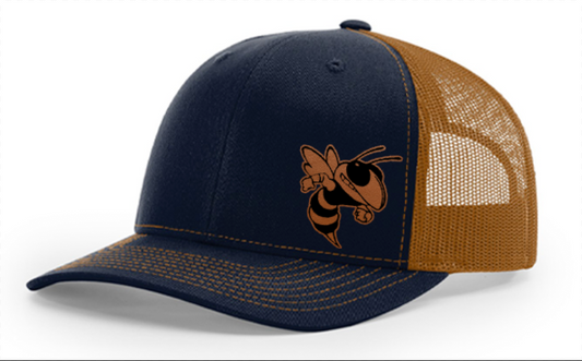Hornets Logo Trucker Hat with Small Hornet (Richardson 112 Navy/Caramel)