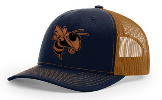 Hornets Logo Trucker Hat with Large Hornet (Richardson 112 Navy/Caramel)