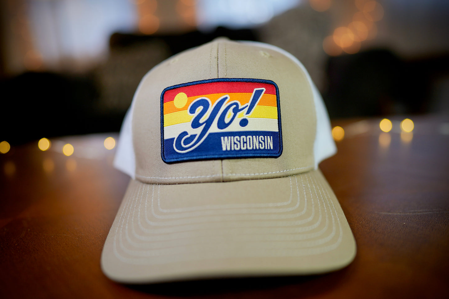 "YO! Wisconsin" Retro Design Trucker Hat (White Mesh/ Khaki Fabric)
