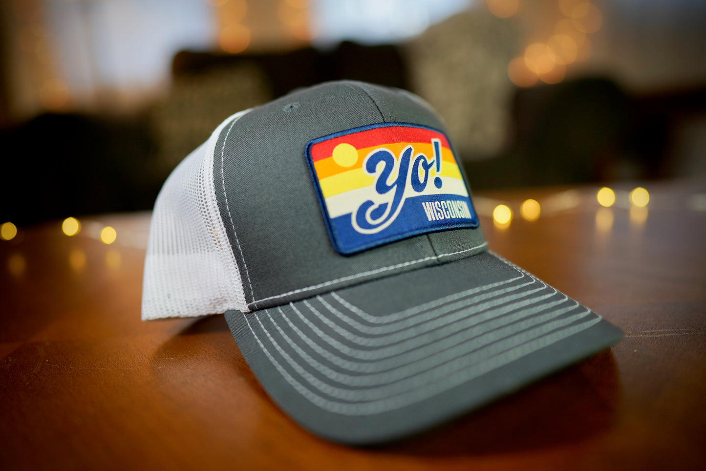 "YO! Wisconsin" Retro Design Trucker Hat (White Mesh/ Charcoal Fabric)