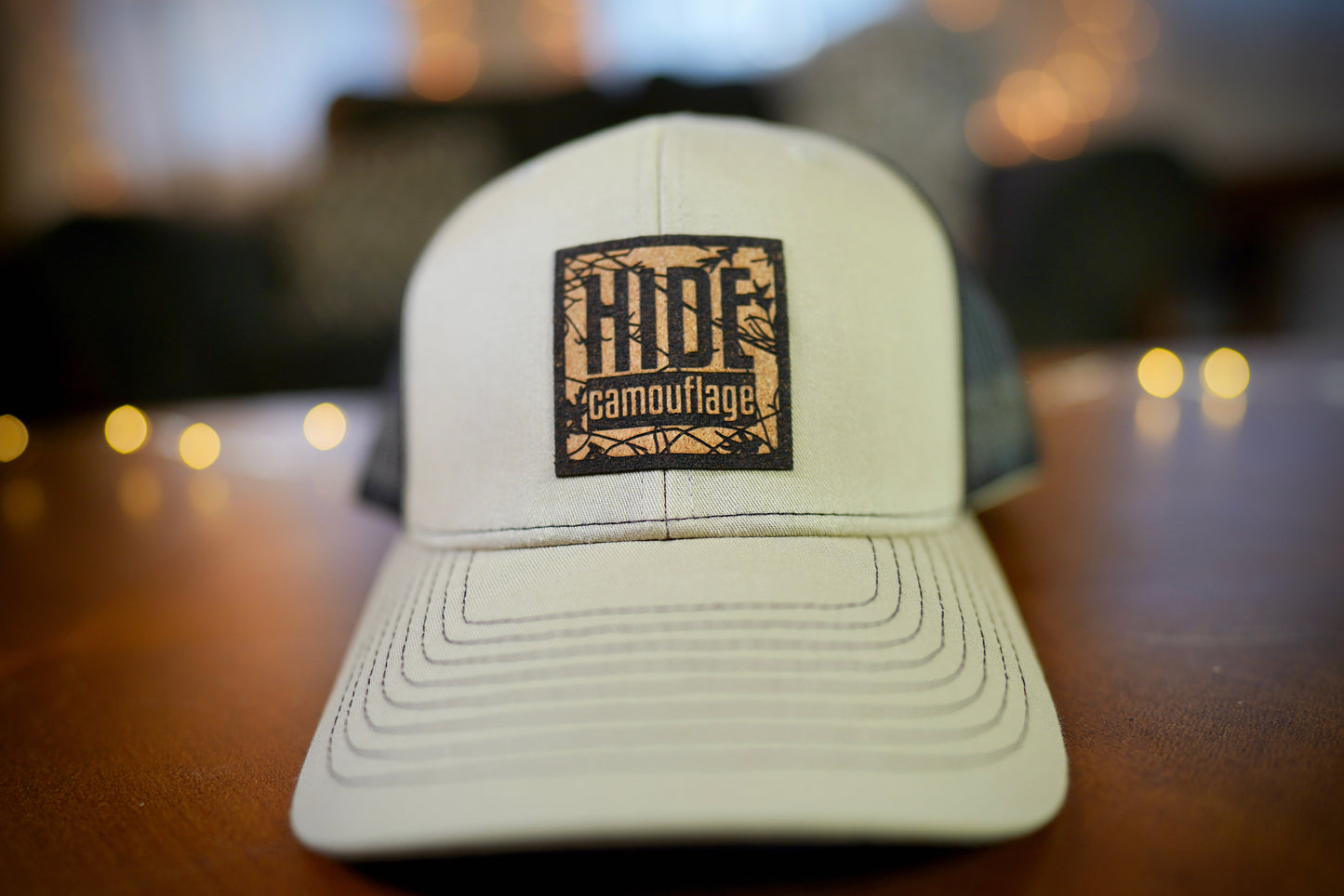 "Hide Camo Logo" Design Trucker Hat (Coffee Mesh/ Khaki Fabric)
