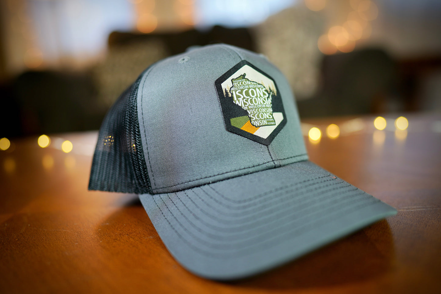 "Vintage Wisconsin" Design Trucker Hat (Black Mesh/ Charcoal Grey Fabric)