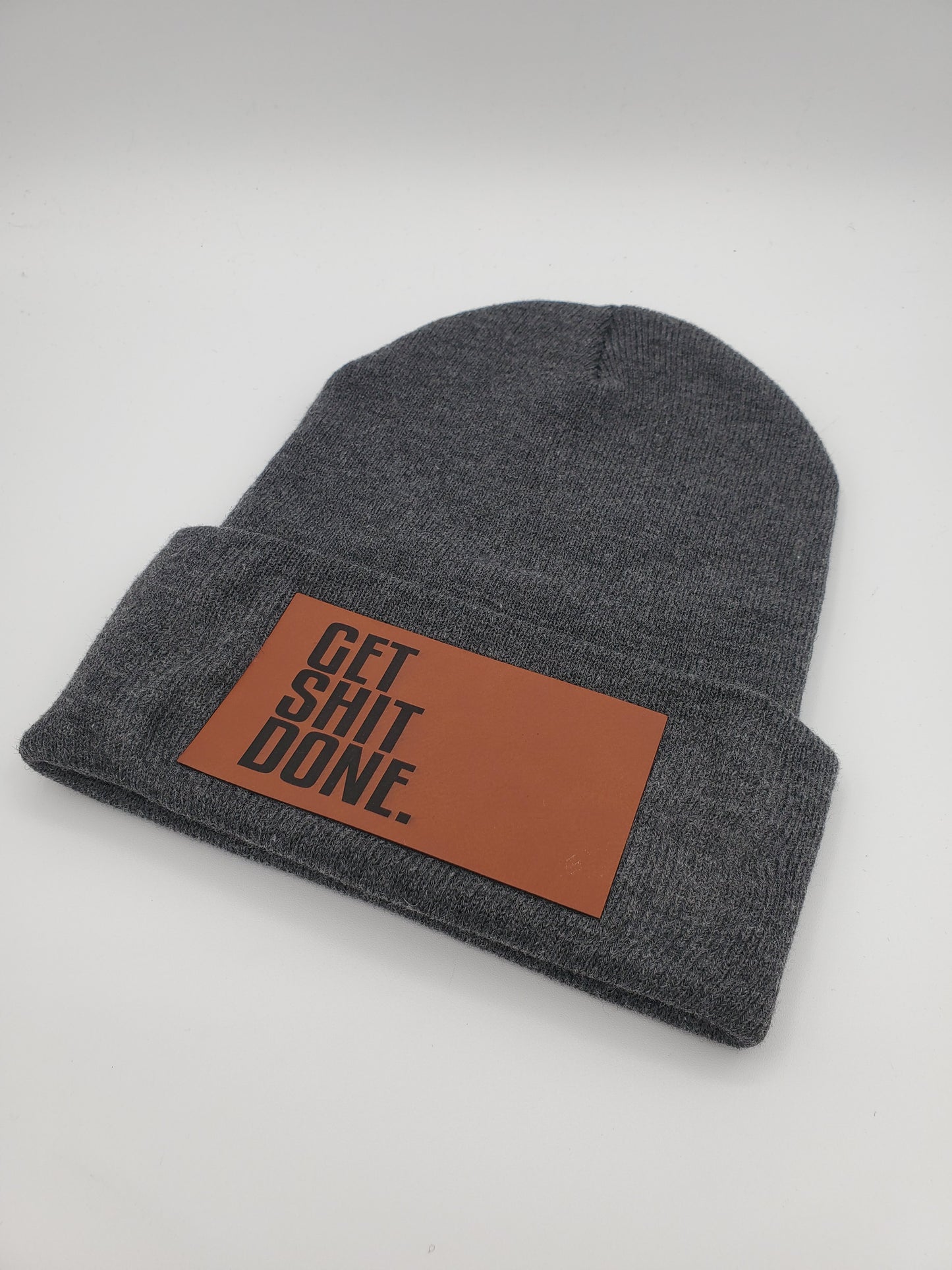 Get Shit Done Beanie - Charcoal Gray with Leather Patch -OSFM