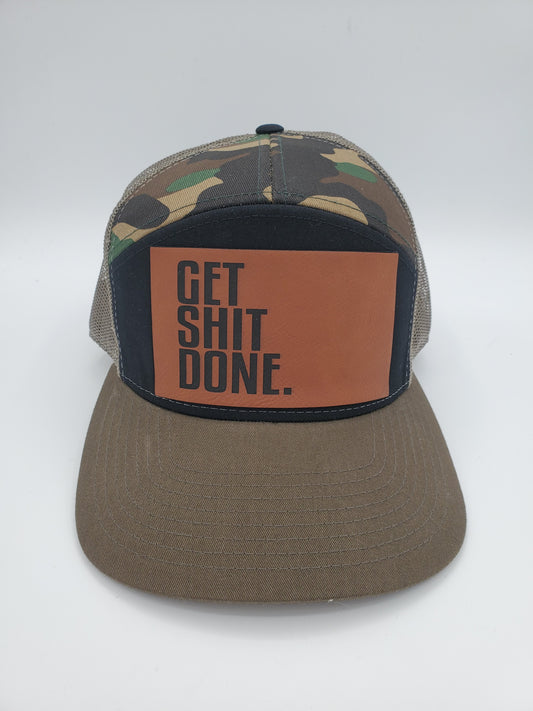"GET SHIT DONE" 7 Panel Trucker Hat (Black/ Green Camo/ Loden)