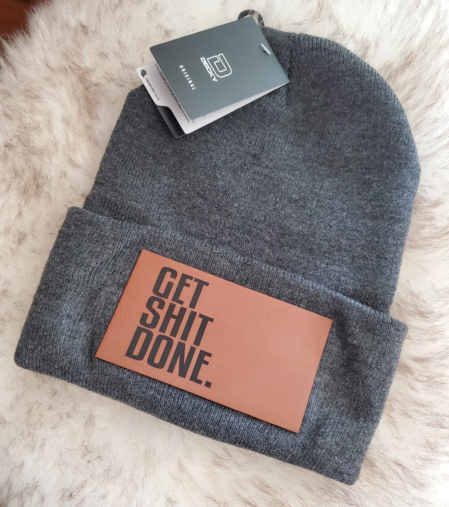 Get Shit Done Beanie - Charcoal Gray with Leather Patch -OSFM
