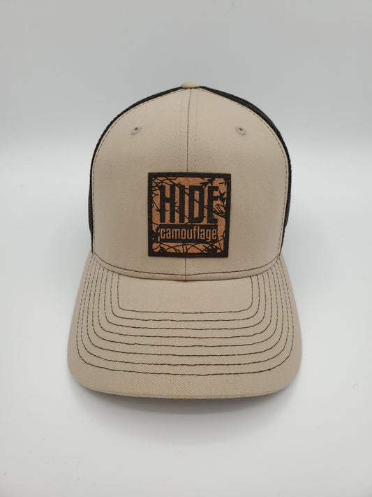 "Hide Camo Logo" Design Trucker Hat (Coffee Mesh/ Khaki Fabric)