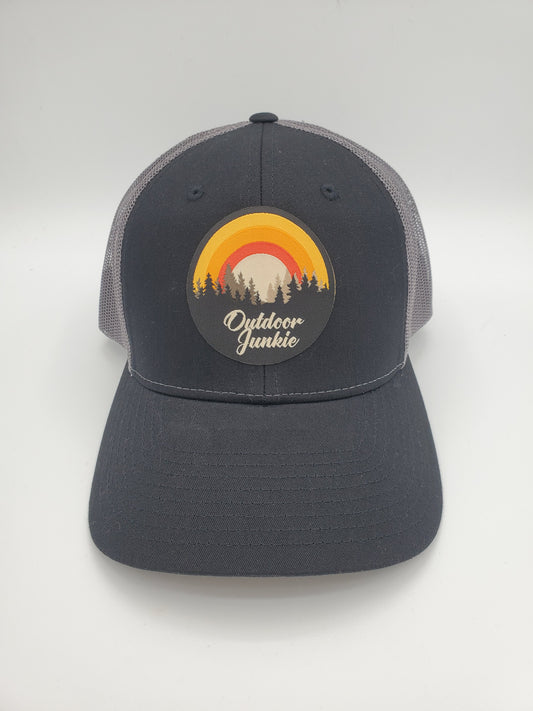 "Outdoor Junkie" Design Trucker Hat (Charcoal Mesh/ Black Fabric)