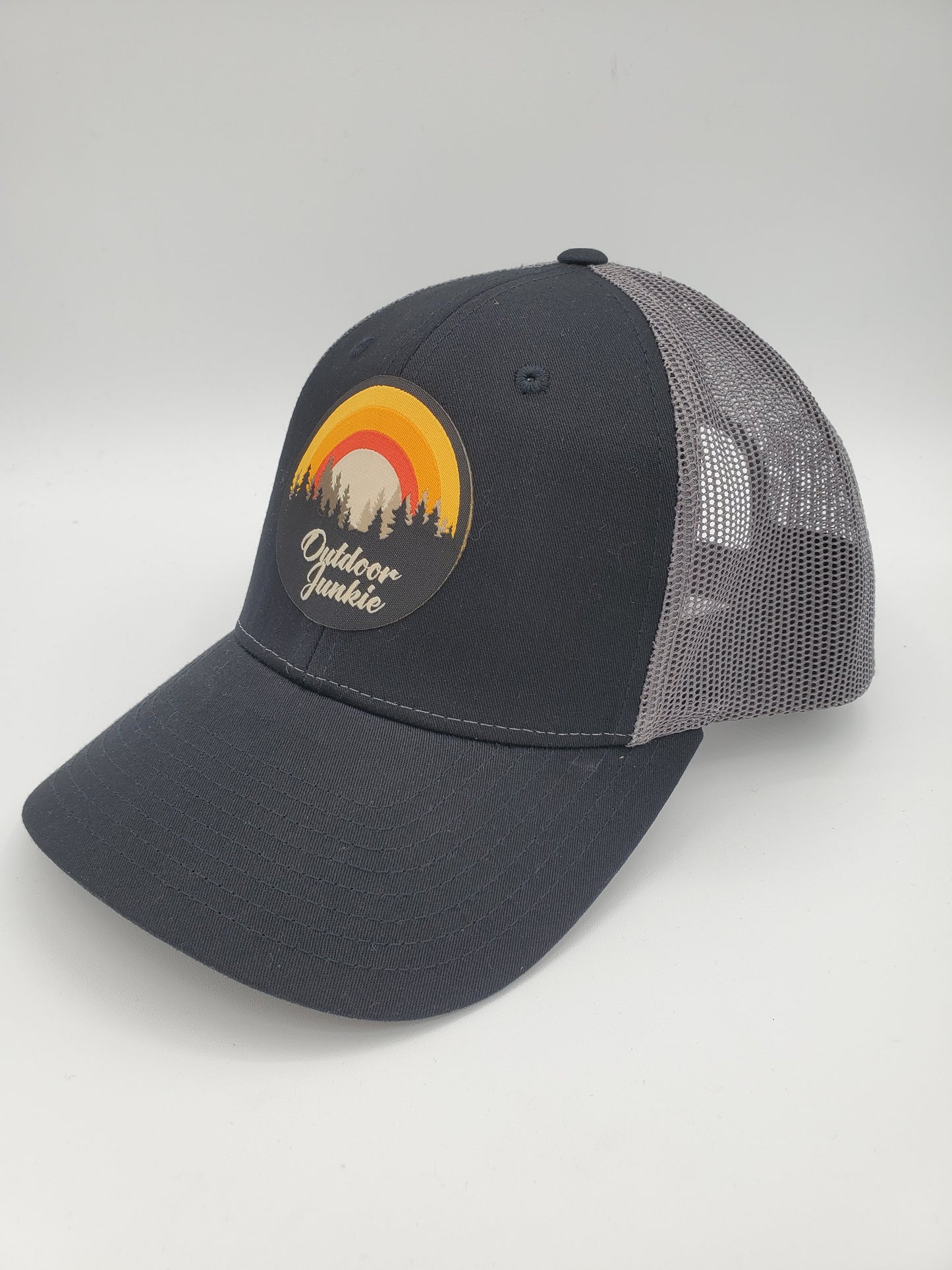"Outdoor Junkie" Design Trucker Hat (Charcoal Mesh/ Black Fabric)
