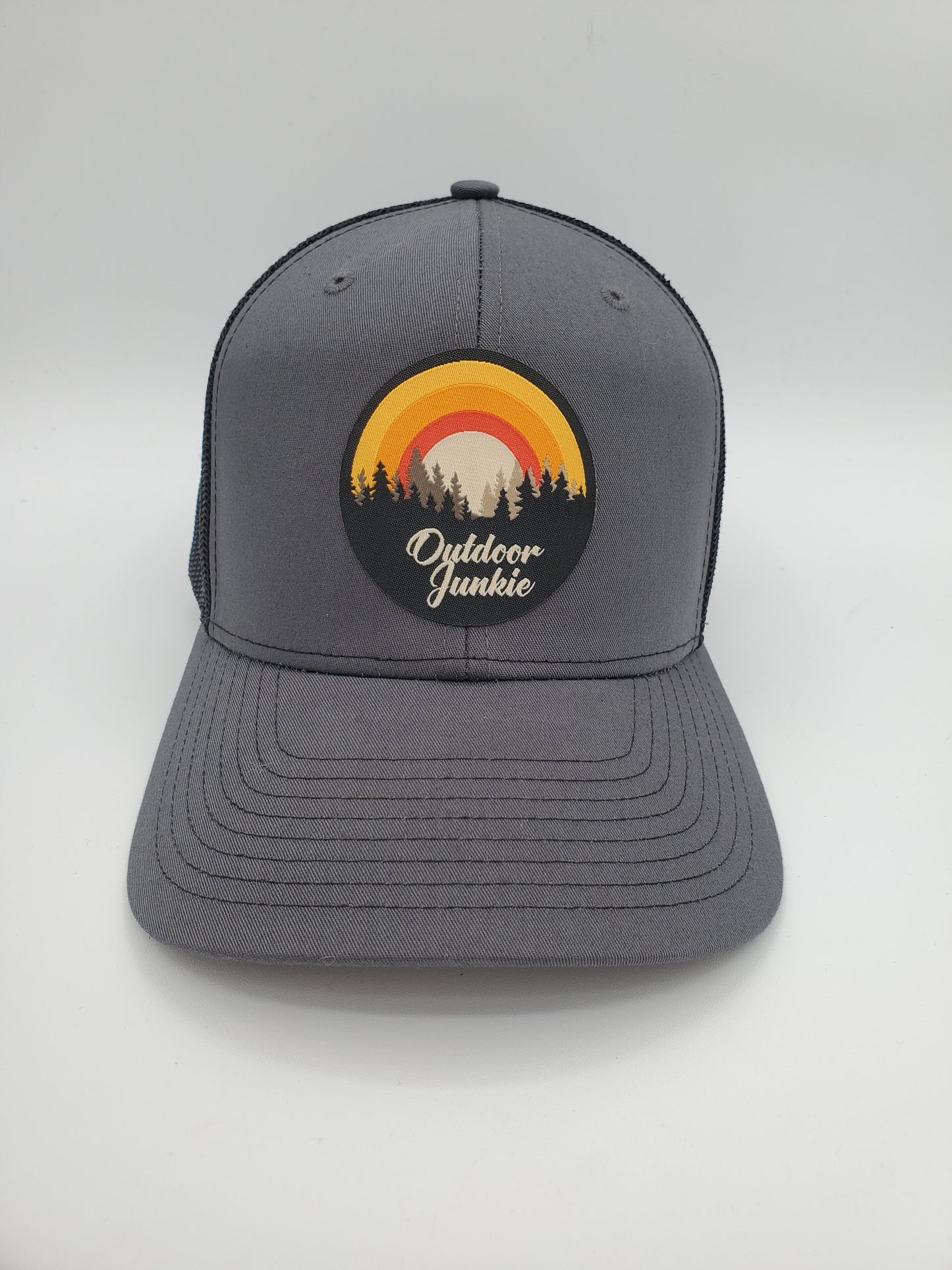 "Outdoor Junkie" Design Trucker Hat (Black Mesh/ Charcoal Fabric)