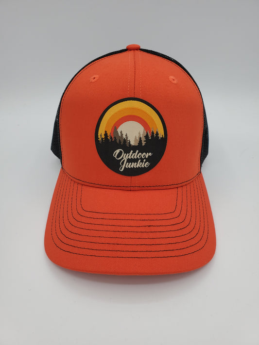 "Outdoor Junkie" Design Trucker Hat (Black Mesh/ Orange Fabric)