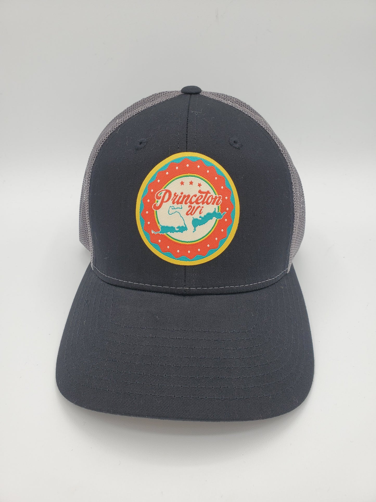 "Princeton, WI" Lake Design Trucker Hat (Black Mesh/ Charcoal Grey Fabric)