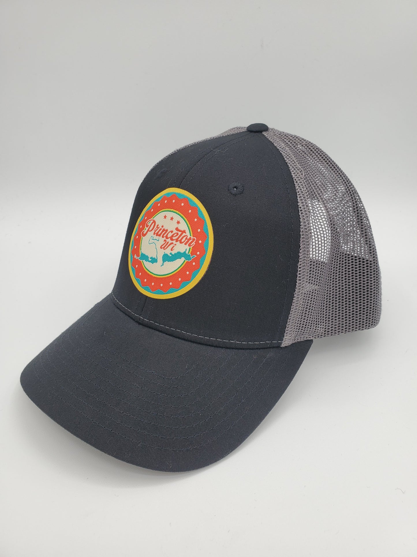 "Princeton, WI" Lake Design Trucker Hat (Black Mesh/ Charcoal Grey Fabric)