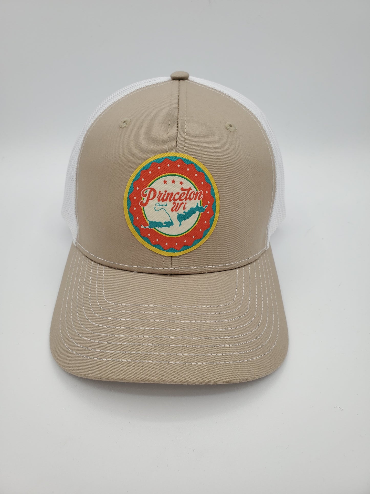 "Princeton, WI" Lake Design Trucker Hat (White Mesh/ Khaki Fabric)