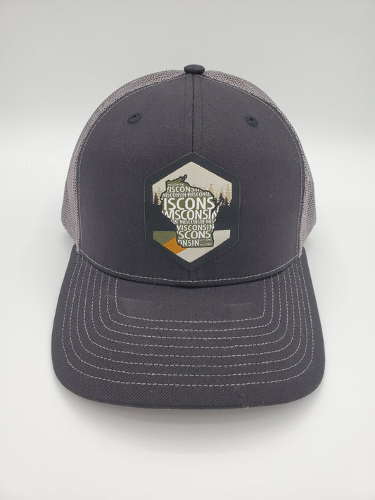 "Vintage Wisconsin" Design Trucker Hat (Charcoal Mesh/ Black Fabric)