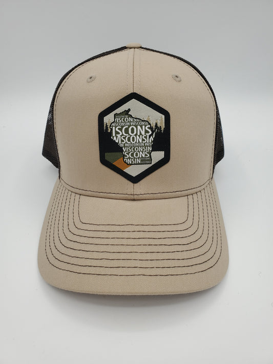 "Vintage Wisconsin" Design Trucker Hat (Coffee Mesh/ Khaki Fabric)