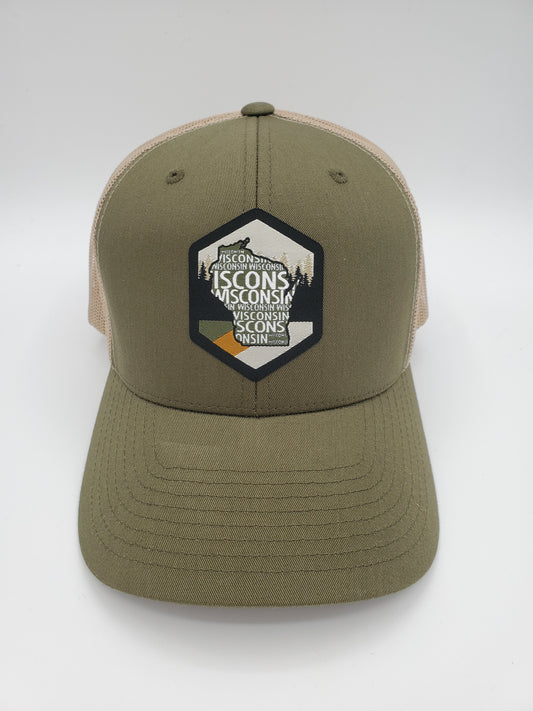 "Vintage Wisconsin" Design Trucker Hat (Khaki Mesh/ Moss Green Fabric)
