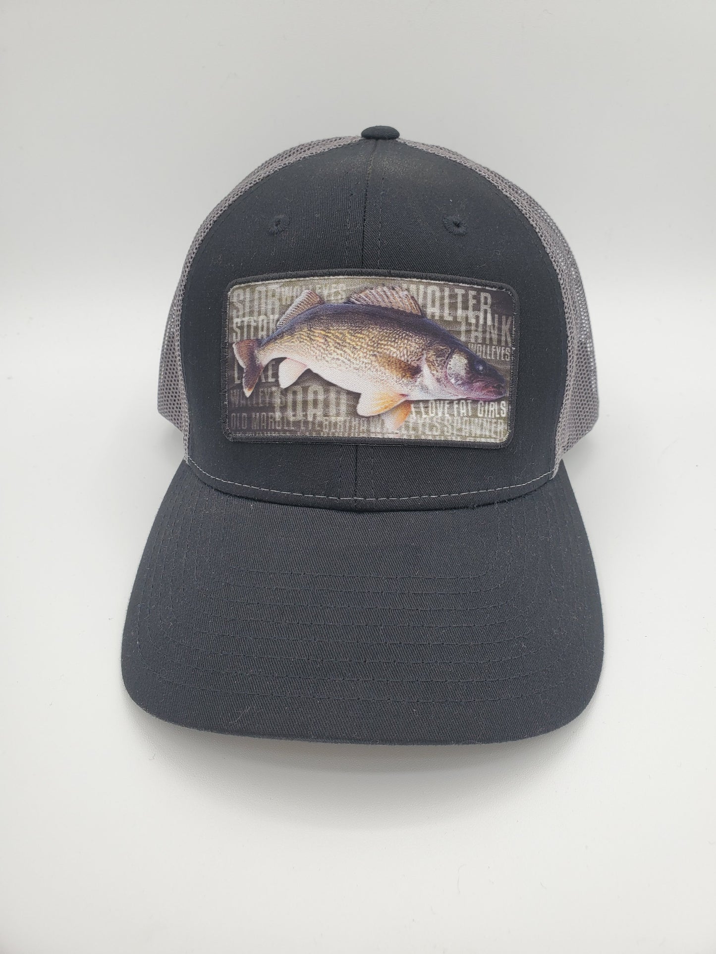 "I LOVE FAT GIRLS" Walleye Design Trucker Hat (Charcoal Mesh/ Black Fabric)