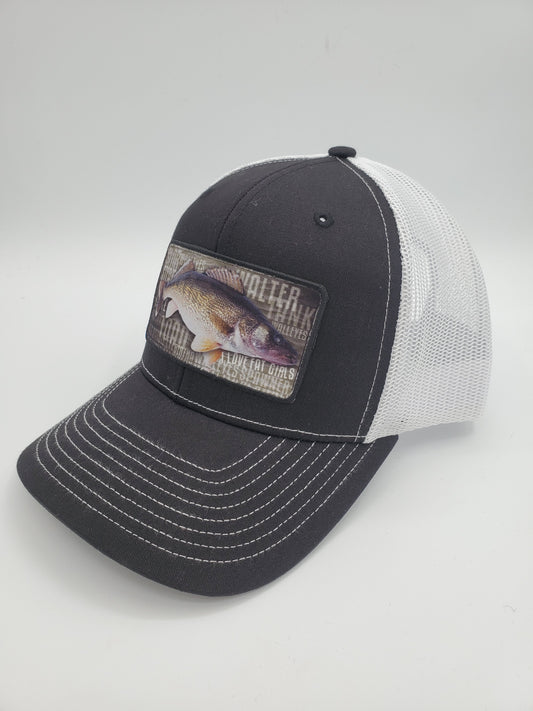 "I LOVE FAT GIRLS" Walleye Design Trucker Hat (White Mesh/ Black Fabric)