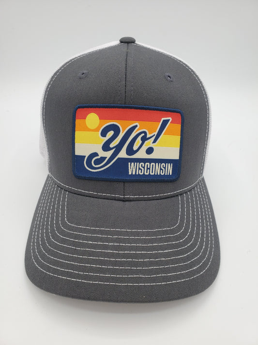 "YO! Wisconsin" Retro Design Trucker Hat (White Mesh/ Charcoal Fabric)