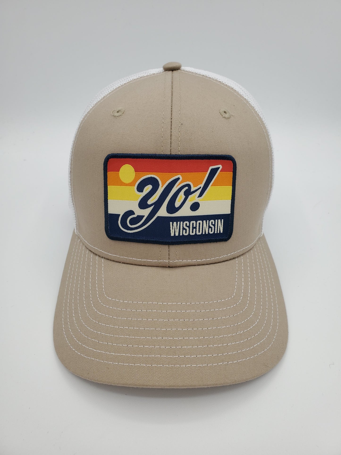 "YO! Wisconsin" Retro Design Trucker Hat (White Mesh/ Khaki Fabric)